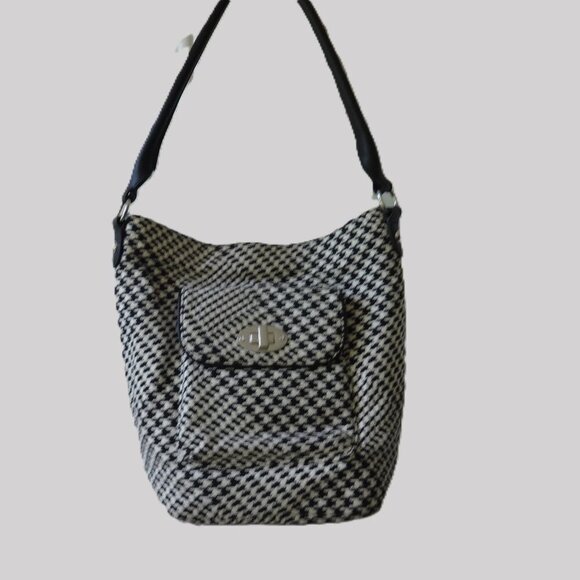 Talbots black & white Houndstooth fabric Bucket bag, Leather handles & trim, VGC - Picture 1 of 14